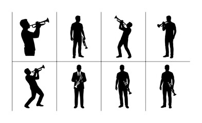 Jazz Musician Silhouettes, Trumpet Player Poses, Vector Set for Music Performance and Entertainment Graphics © Rosna
