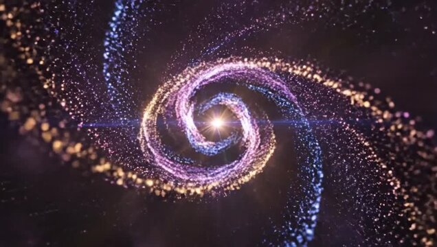 Swirling vortex of luminous purple and pink particles with a bright white light source at the center and a horizontal blue lens flare effect suggesting cosmic energy or a nebula in deep space