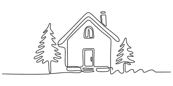 A single continuous line drawing of a small cozy house surrounded by two evergreen pine trees created in a minimalist vector style for modern home design Vector, illustration