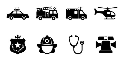 Emergency Services Icons: Police Car, Fire Truck, Ambulance, Helicopter, Badge, Helmet, Stethoscope, Siren. Vector Graphics for Safety and Medical Concepts. © Mashiur