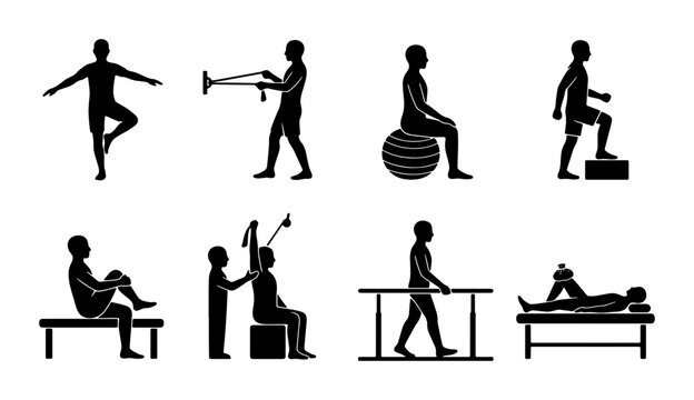 Physical Therapy Icons Set, Rehabilitation Exercises Collection, Medical Treatment Silhouettes, Healthcare Recovery Graphics