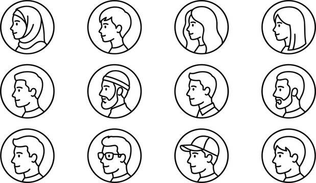 Diverse people profile and avatar line icon set featuring men women side view round portraits hijab glasses beard and cap symbols