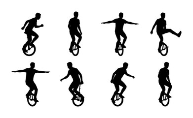 Unicyclist Silhouettes Collection, Dynamic Poses of Single Wheel Cyclist, Action Sports Vector Icons, Circus Performer Graphics, Balance and Skill Illustration © Rosna