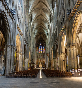 Metz Cathedral nave with stained glass and altar, France
