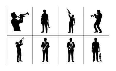 Jazz Musician Silhouettes: Trumpet Player Poses, Saxophone Soloist, Band Member Vector Icons for Music Events, Concerts, and Performance Graphics © Rosna