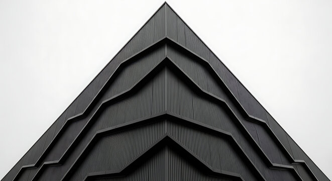 Close up detail of modern architectural triangular roof structure with black wooden textured ridges architecture building structure triangle geometric minimalist exterior abstract symmetry