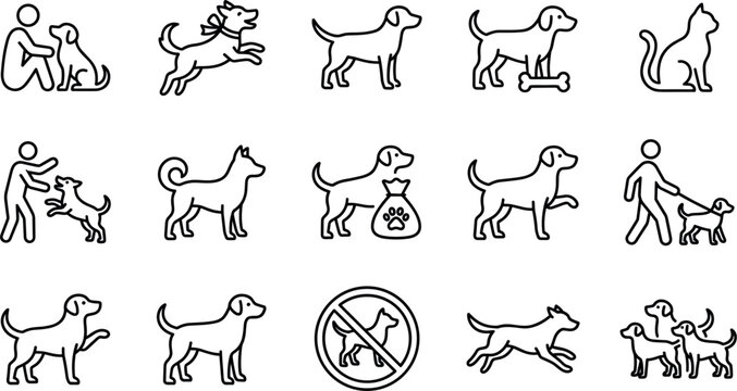 Dog training and pet care line icon set featuring walking on leash playing running feeding bone food bag cat and no dogs sign