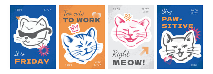 Obraz premium Set of doodle cat posters in Y2K halftone collage style. Caricature collection posters with quirky kitten characters, and humor quotes.