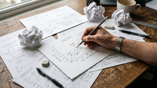A person's hand drawing a graph on a piece of paper amidst scattered notes, crumpled papers, and stationery on a wooden desk. The scene suggests intense focus and problem-solving