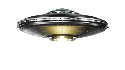 Futuristic metallic flying saucer with glowing lights and windows © Veikko