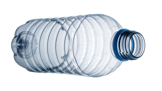 Empty clear plastic water bottle with blue cap threads