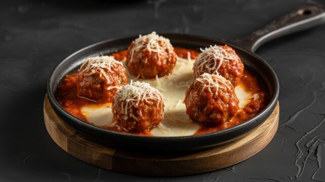 Italian meatballs with melted cheese and marinara sauce in a cast iron skillet