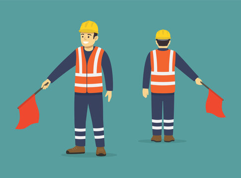 Construction worker using hand signals with a red flag. The worker is shown lowering the flag, featured in both front and back views. Flat vector illustration template.