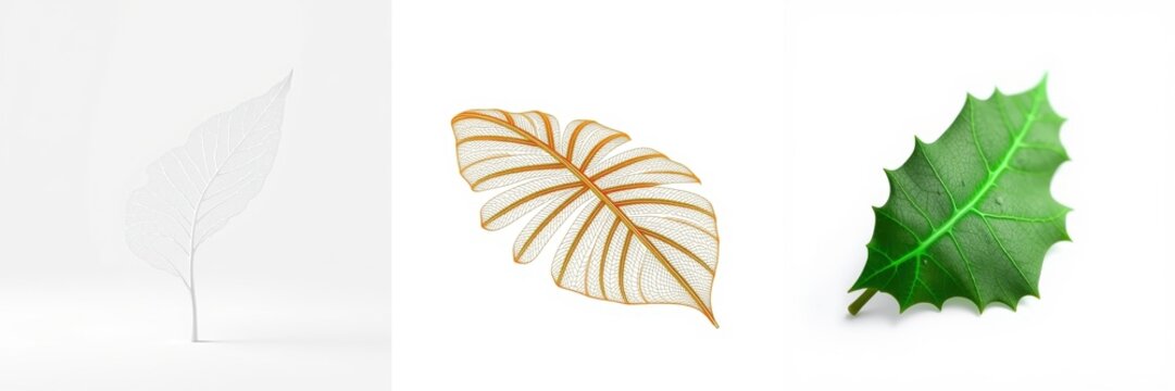 Three leaves displayed. First is translucent, second golden, third green. Minimalist presentation, clean backgrounds, botanical study.