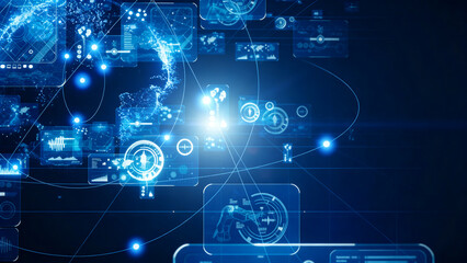 Obraz premium DX, digital transformation, cyber, technology, data, future, AI, system, cloud, IT, background, background, material, business, high-tech, banner, design, screen, sci-fi, image, concept, cool, CG, ill