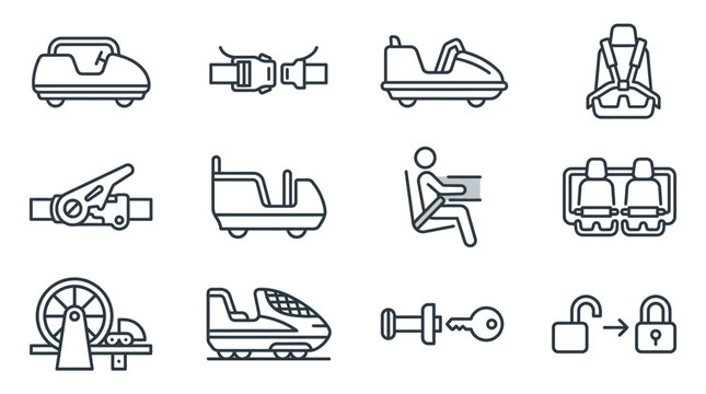 A collection of line art icons representing amusement park ride safety and vehicle components.