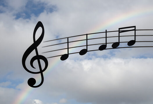 Musical stave with black notes over a cloudy blue sky and rainbow