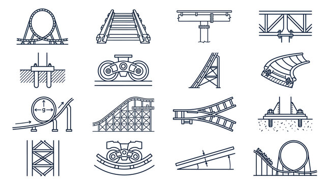 A collection of roller coaster construction and engineering line art icons.