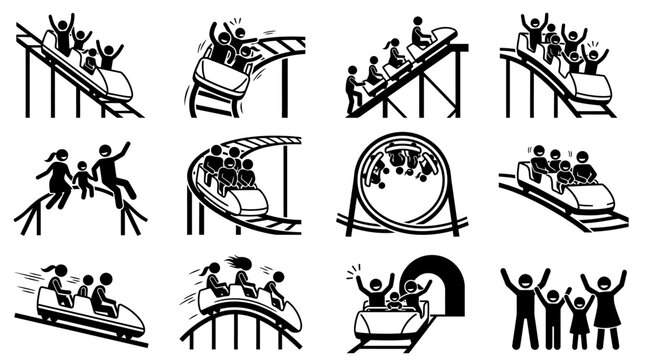 Collection of black and white stick figure icons depicting people riding roller coasters.