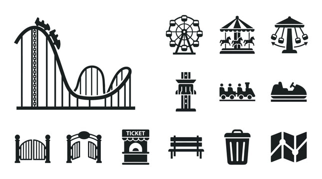 Set of black and white amusement park icons and attractions.