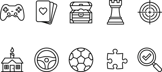 Gaming and entertainment thin line icon set featuring gamepad, playing cards, treasure chest, chess piece, target, house, steering wheel, soccer ball, puzzle piece, and magnifying glass © Mominul