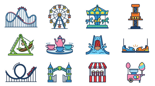 A collection of colorful amusement park ride and carnival attraction icons.