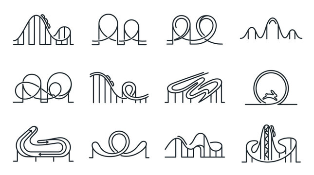 A collection of twelve distinct roller coaster track designs in a clean line art style.