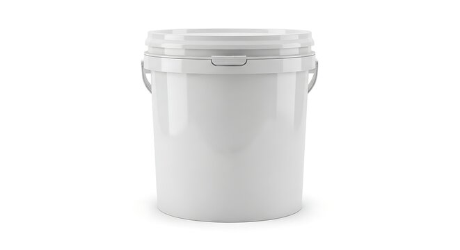 A single empty white plastic bucket with a lid for industrial chemical paint or food storage use. 5 gallon pail,