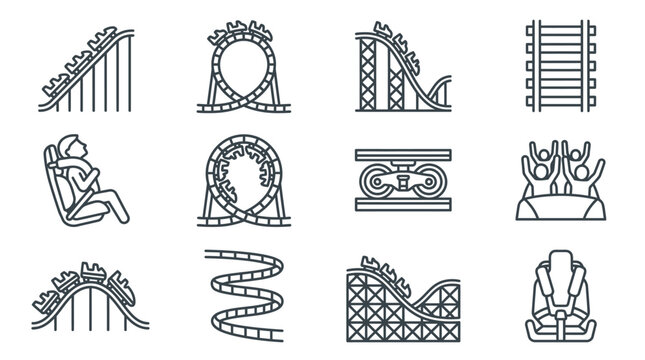 A collection of twelve linear icons depicting various roller coaster elements and amusement park features.