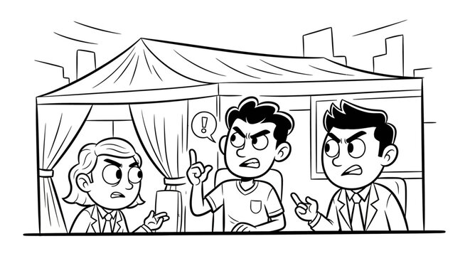 Cartoon characters debating inside a tent setup indoors.