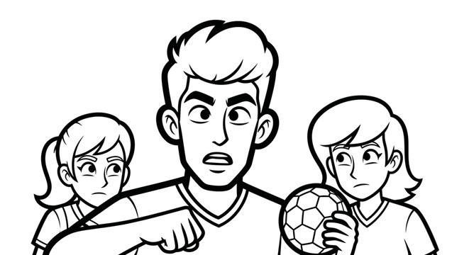 Cartoon boy looking shocked holding soccer ball.