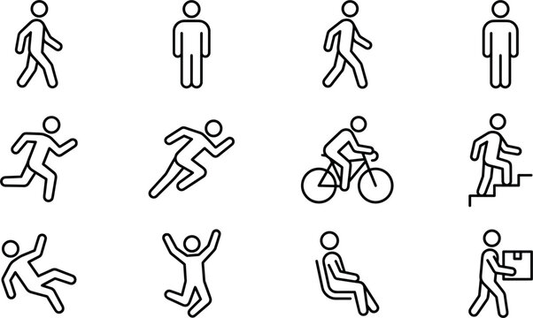 Human motion and daily physical activity line icon set featuring walking standing running cycling climbing stairs falling jumping sitting and carrying parcel symbols