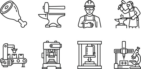 Industrial manufacturing line icon set featuring heavy machinery hydraulic press conveyor belt blacksmith anvil worker engineer and scientific laboratory testing equipment. © Mominul