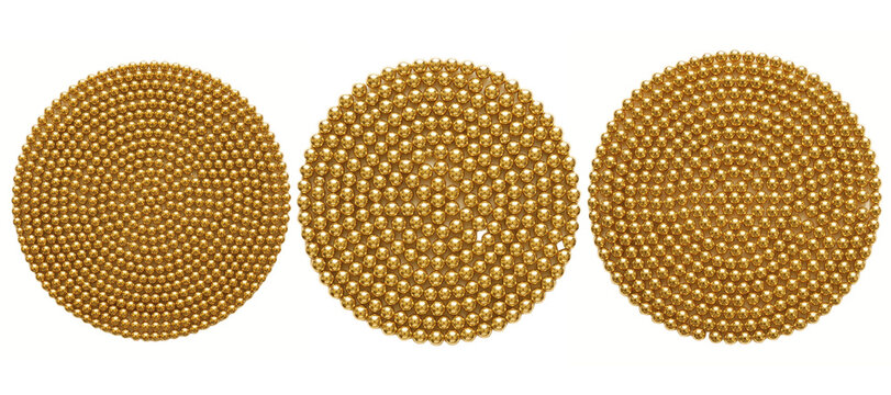 Golden beaded circular coasters or decorative pads, luxurious metallic dot patterns arranged in perfect round shapes for elegant table settings and home decor accents

