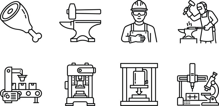 Industrial manufacturing line icon set featuring heavy machinery hydraulic press conveyor belt blacksmith anvil worker engineer and scientific laboratory testing equipment.