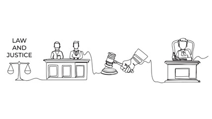 Fototapeta premium Law and justice continuous line art vector, courtroom scene with judge and lawyers, legal system concept with gavel and scales of justice