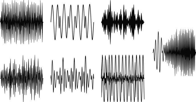 Set of six distinct audio waveform patterns showing variations in amplitude and frequency for sound design and creative projects