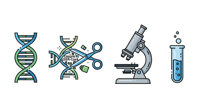 Scientists conducting genetic research with DNA, scissors, microscope, and test tube in a laboratory setting.