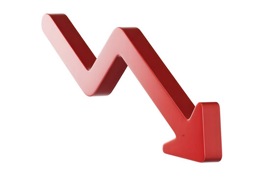 Red downward arrow showing financial loss, 3D declining business graph symbol, red arrow pointing down representing economic recession and market crash