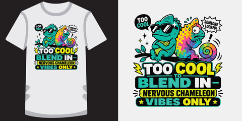 Two cool and nervous chameleon characters sitting on branch for unique t-shirt print art. © jubayer71