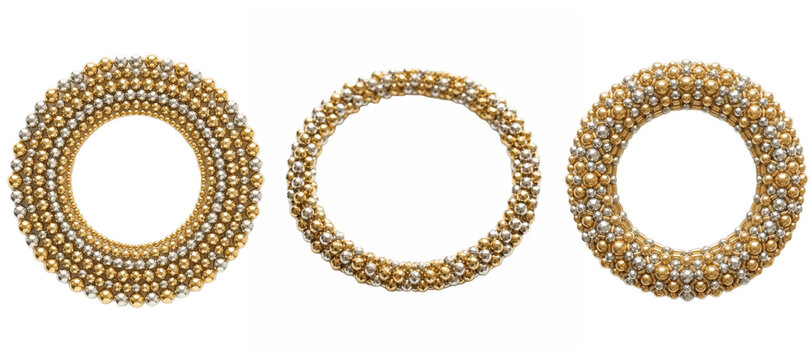 Luxurious gold and silver magnetic bead bracelets arranged in circular stacked rings, elegant metallic jewelry design elements for fashion accessories and decoration

