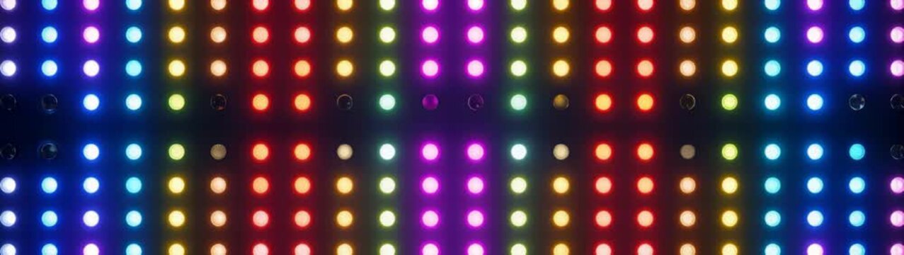 Glowing led grid creating a digital pixel light wall, perfect for event, signage, or nightlife themes.
