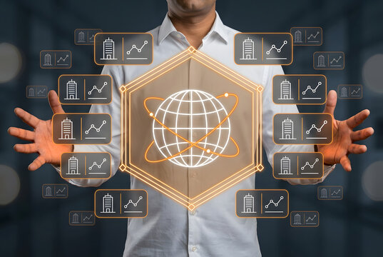 Businessman holding holographic global network with world globe for international business enterprise growth corporate expansion and worldwide company development strategy