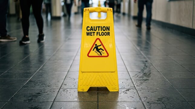 Caution wet floor warning sign public safety alert in commercial building hallway