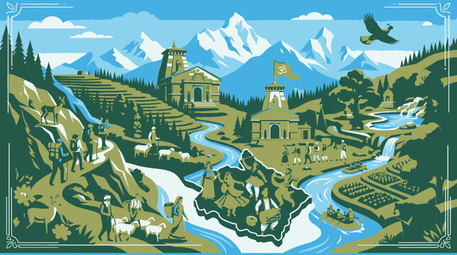 Scenic landscape with mountains and temples in uttarakhand vector