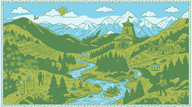 Uttarakhand vector landscape with himalayan mountains and temples
