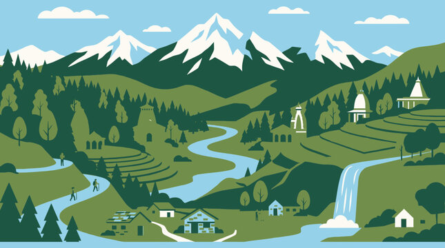 Uttarakhand vector landscape with majestic mountains and temples