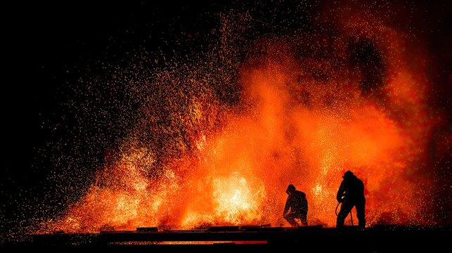 Silhouette of two firefighters putting out huge blazing fire, emergency rescue scene for fire safety education and charity poster design
