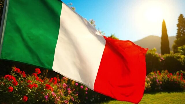 Italian National Flag Waving in a Beautiful Sunny Garden