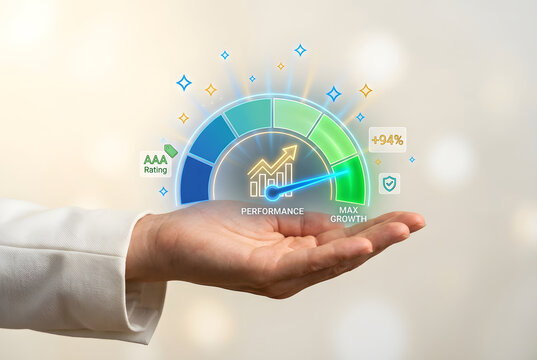 Business hand holding holographic performance gauge showing max growth with AAA rating and 94 percent increase for business success KPI measurement and financial growth concept